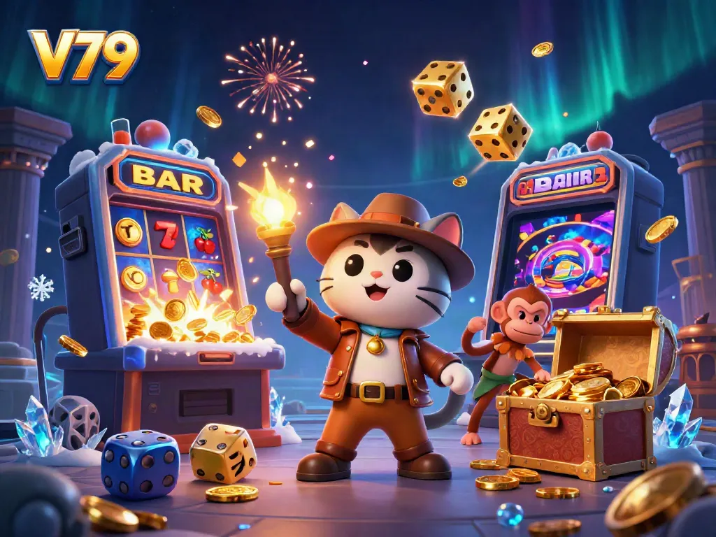 Experience the thrill of V79 with a cartoon explorer cat discovering golden casino artifacts amidst dynamic gambling elements.