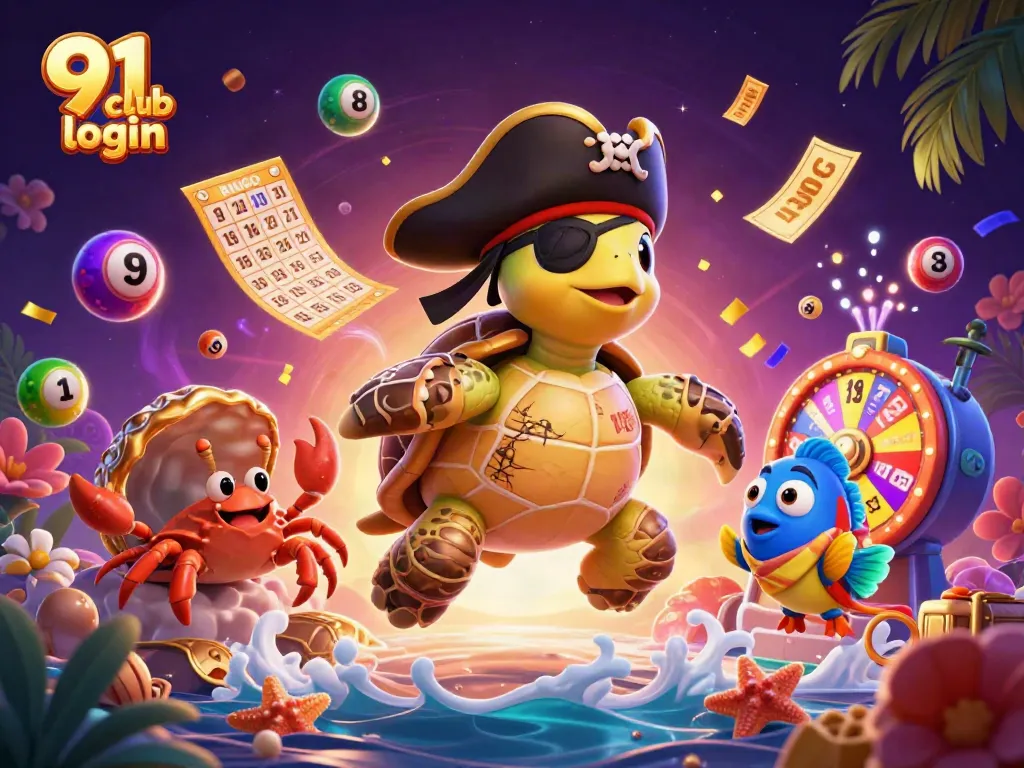 Engage with the 91 club login scene featuring dynamic lottery elements and vibrant casino characters.