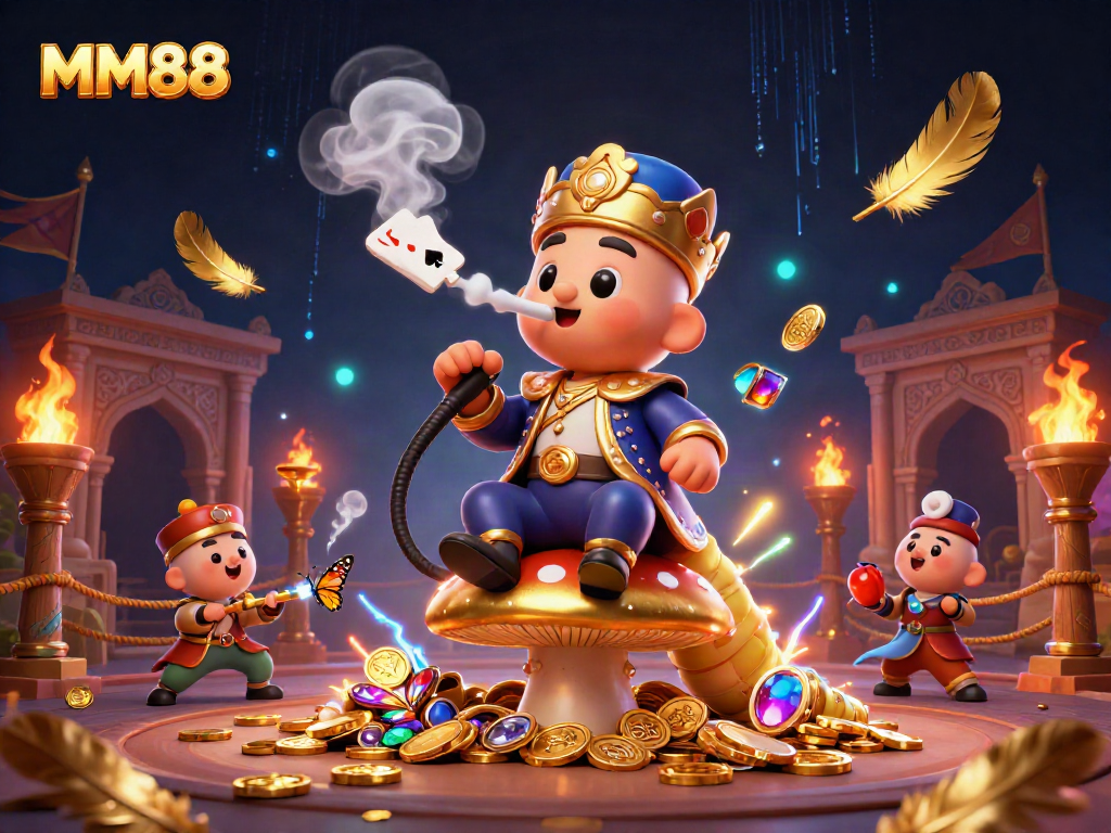 Engage in exciting gameplay with MM88, illustrated with vibrant casino elements and a whimsical caterpillar.