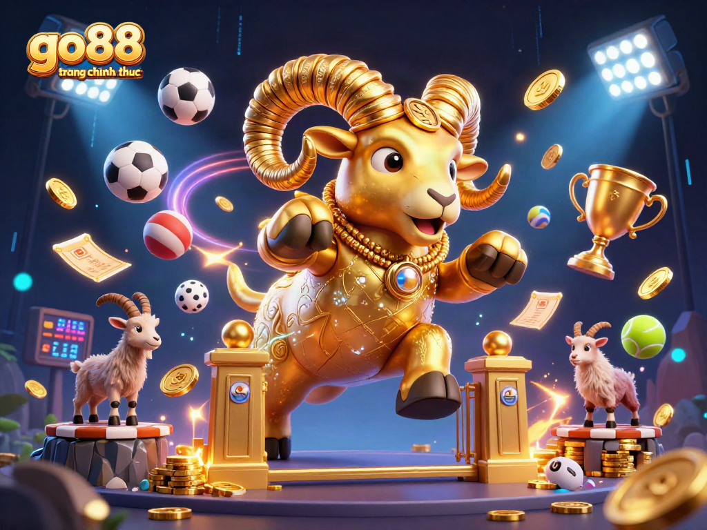 Win big with go88 trang chu chinh thuc: Ultimate casino experience illustrated with a vibrant golden ram and dynamic sports elements.