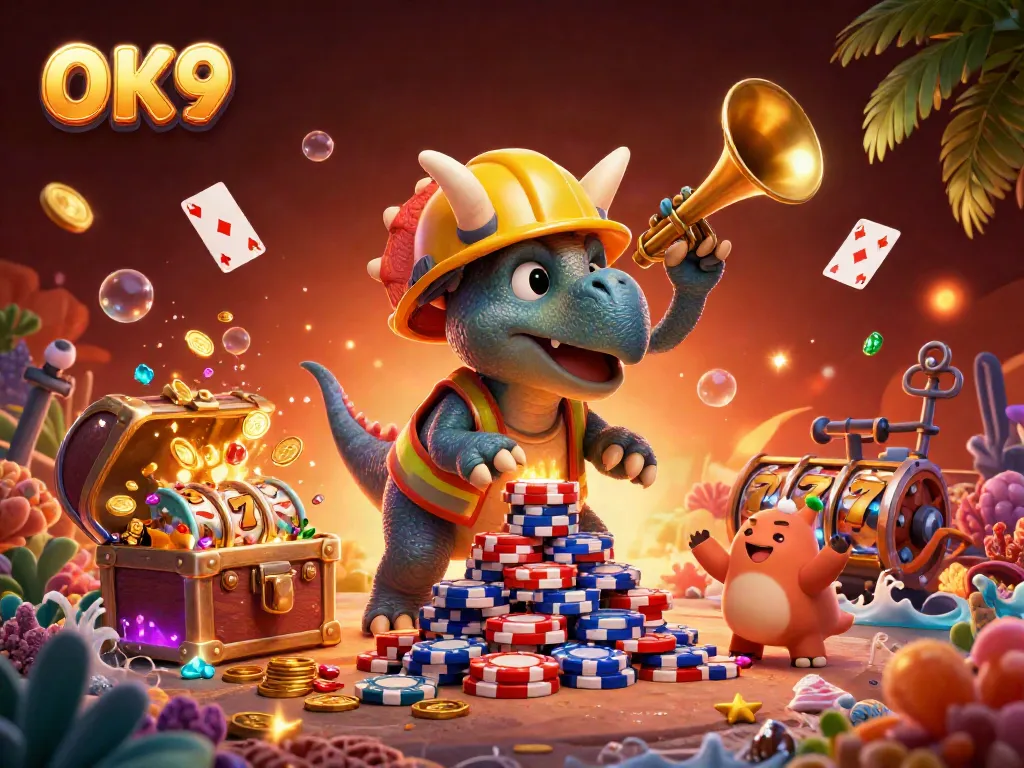 Celebrate winning with OK9 in a vibrant casino scene featuring poker chips and jubilant characters.