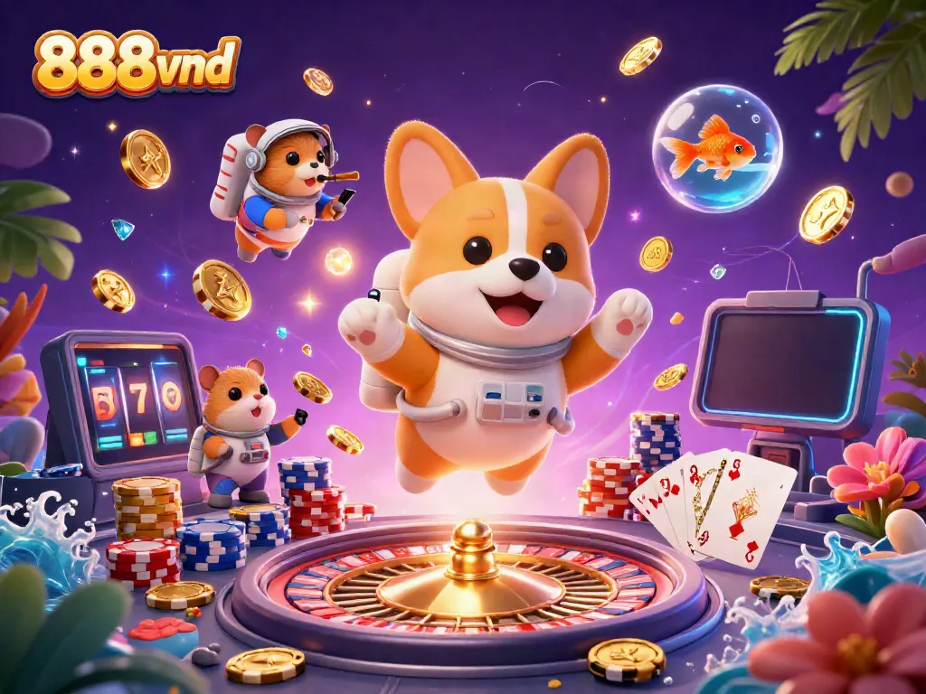 Engage with 888vnd's exciting floating casino scene featuring a corgi, hamster, and goldfish.