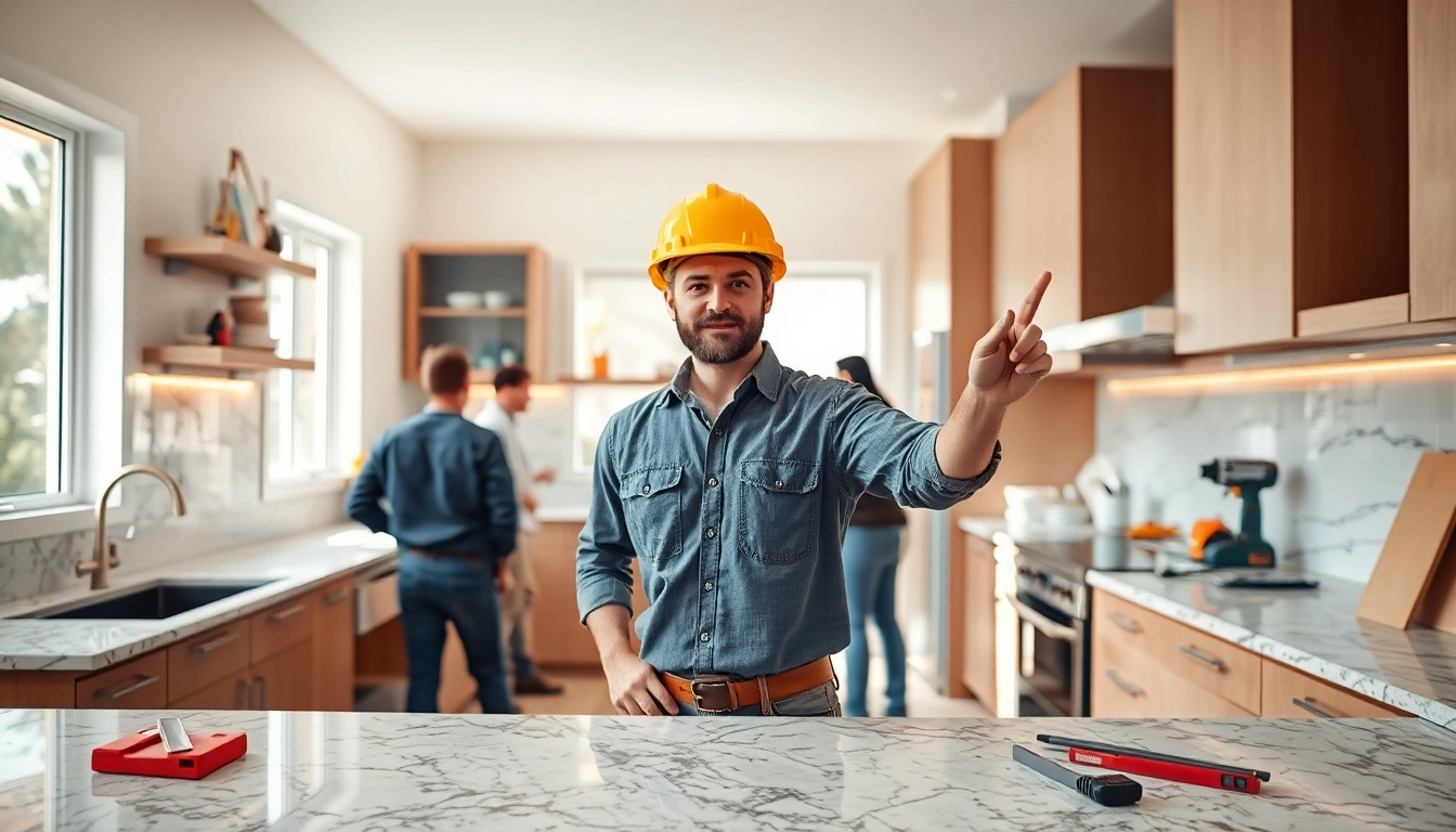 A remodeling contractor oversees a team enhancing a modern kitchen, emphasizing professional collaboration.