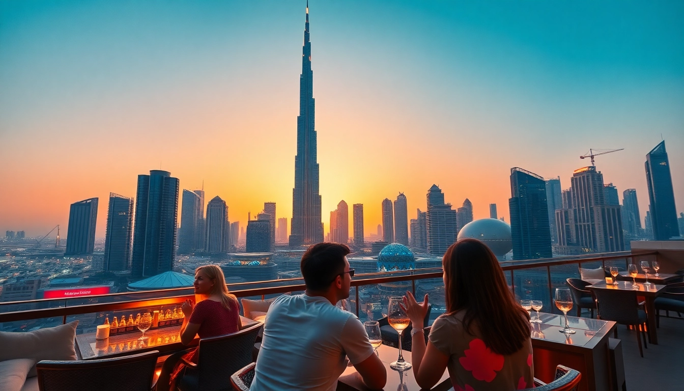 Experience Travel to Dubai with vibrant skyline views featuring the Burj Khalifa at sunset.