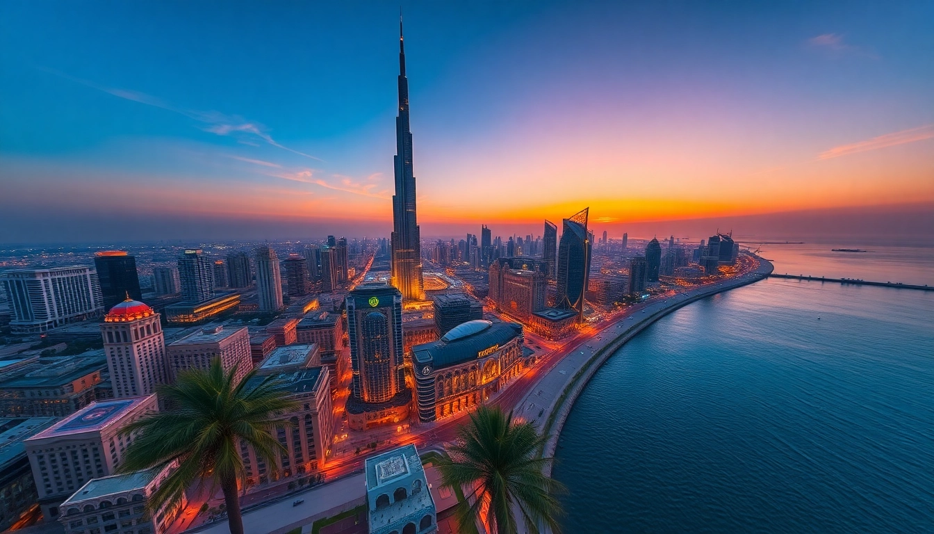 Discover the stunning skyline of Dubai featuring the Burj Khalifa during sunset, embodying the essence of Travel to Dubai.