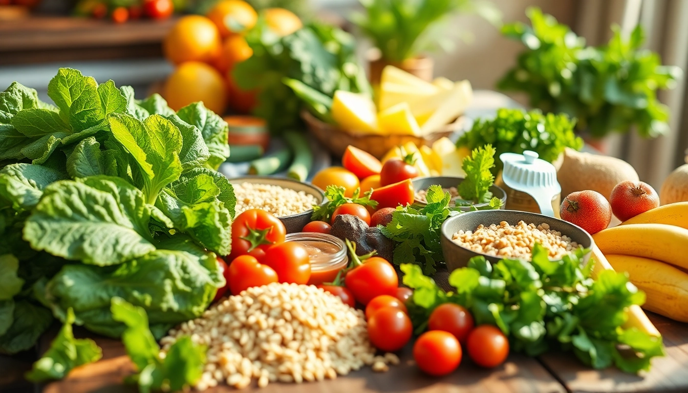 Savor a mix of healthy foods, including colorful vegetables and fruits, on a rustic table.