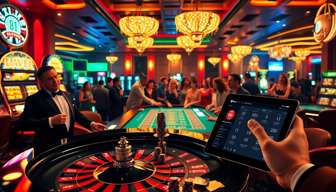 Experience high-stakes excitement with FB88 at an elegant casino table filled with eager players and vibrant lights.