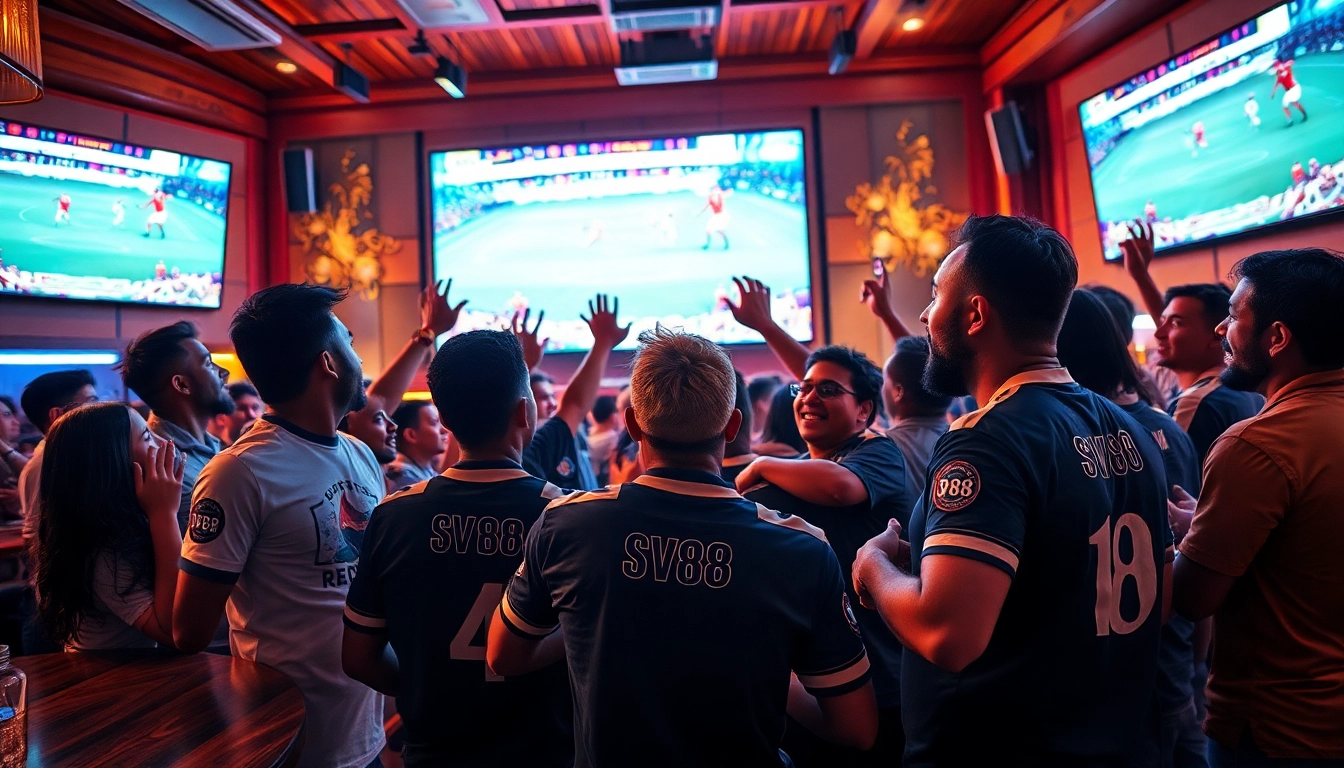 Fans celebrating a big win while betting on SV88 sporting events in a lively sports bar.