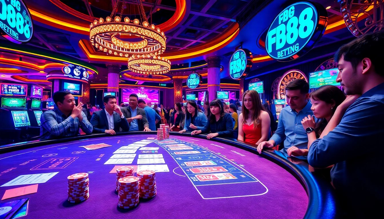 Spectators engage in Đá Gà FB88 betting at a bustling casino table surrounded by chips and vibrant decor.
