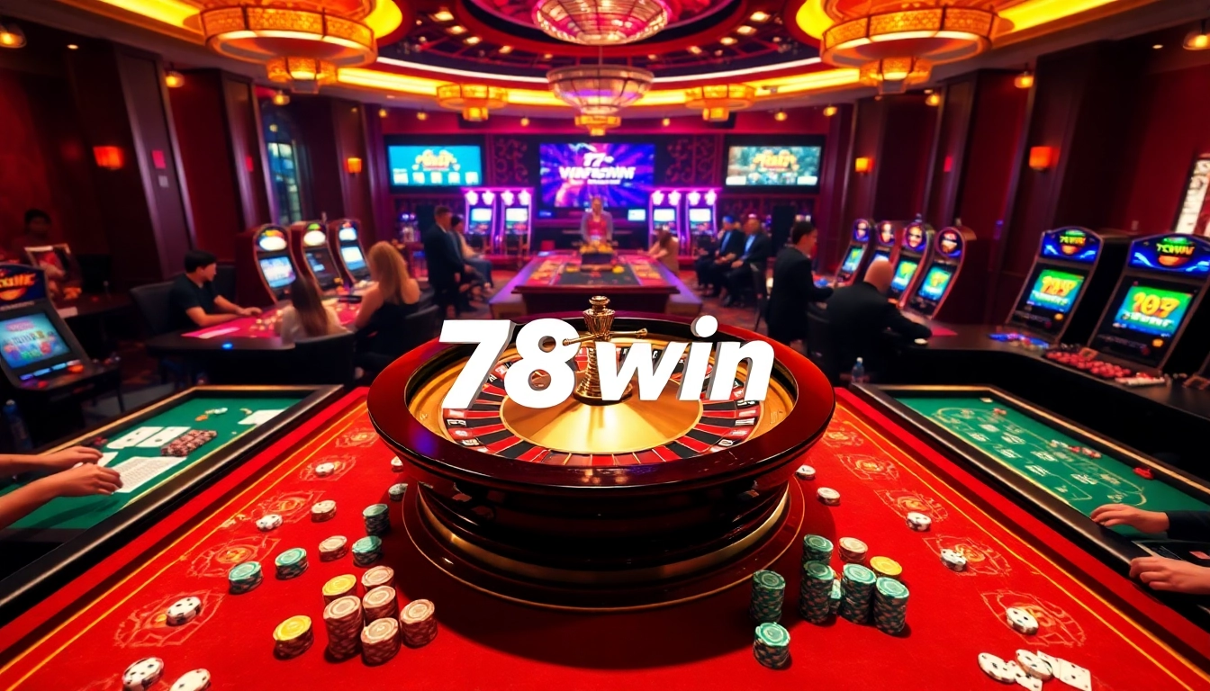 Exciting casino atmosphere at 78win featuring roulette, cards, and players engaging in thrilling games.