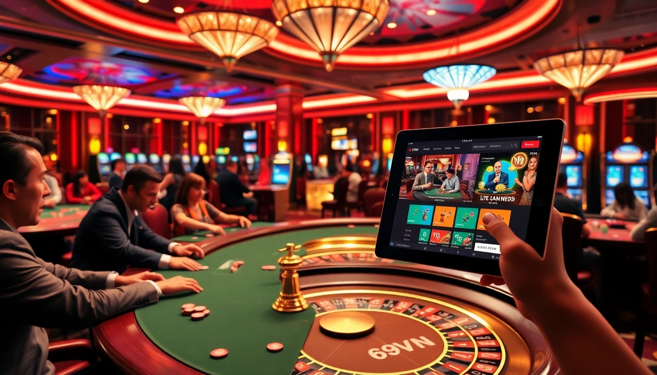 Players enjoying exciting live casino games at 69VN, showcasing thrilling blackjack and roulette action.