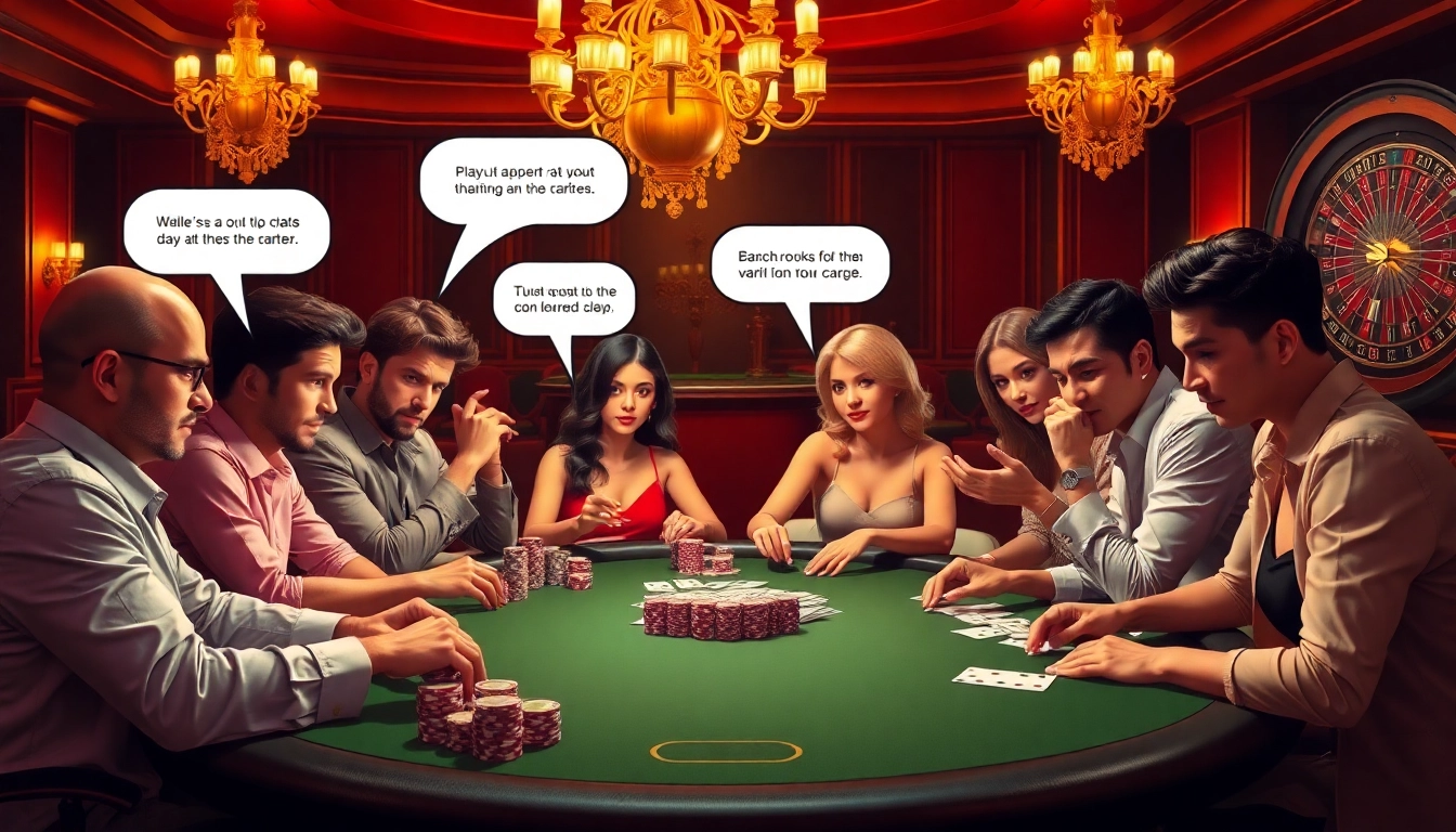 Engaging poker players share flirtatious banter in a luxury casino setting, emphasizing chat ai porn themes.