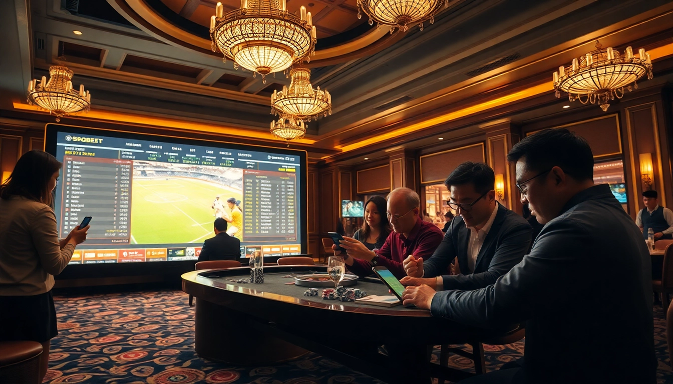 SBOBET players engaging in exhilarating sports betting at a luxurious casino.