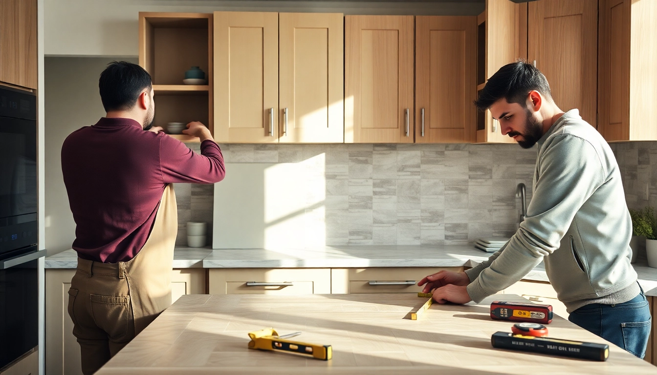 Skilled kitchen fitters installing cabinets and tiles in a modern kitchen setting, showcasing expertise and craftsmanship.