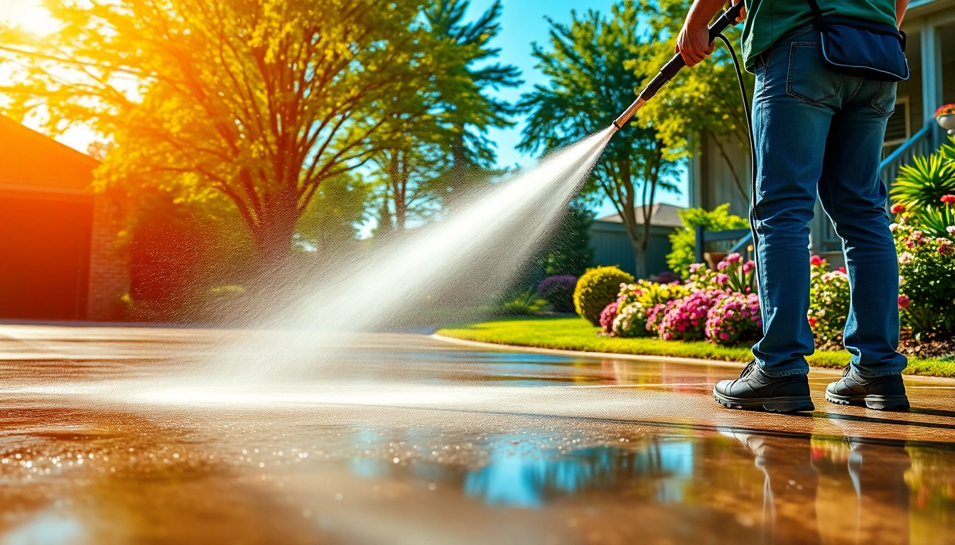 Action-packed scene of pressure washing service revitalizing a driveway.