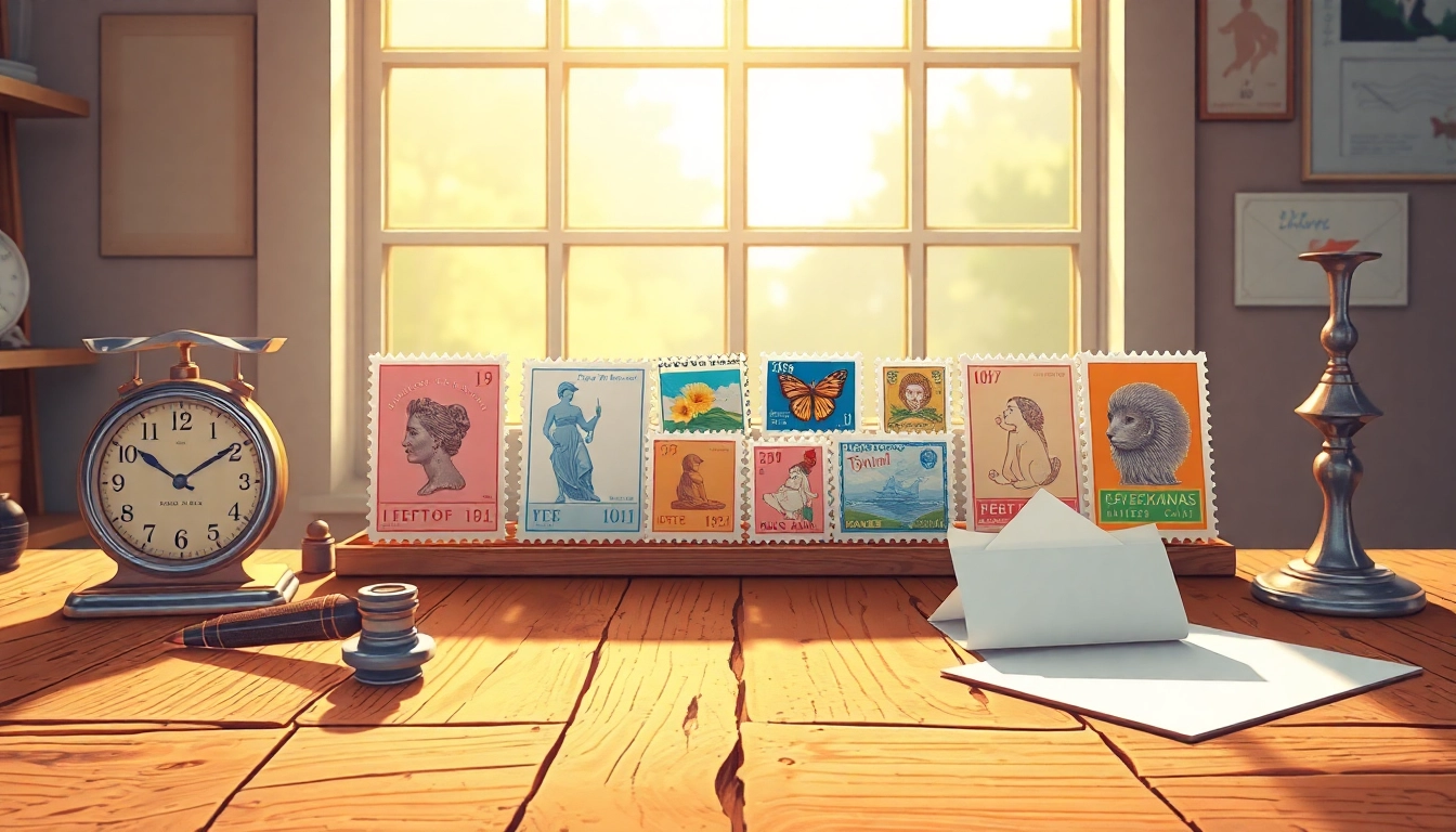 Explore affordable postage stamps showcased beautifully on a rustic table with vintage postal props.