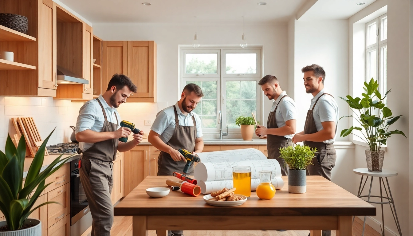 Kitchen fitters collaborating on a modern kitchen installation, showcasing skills and teamwork.