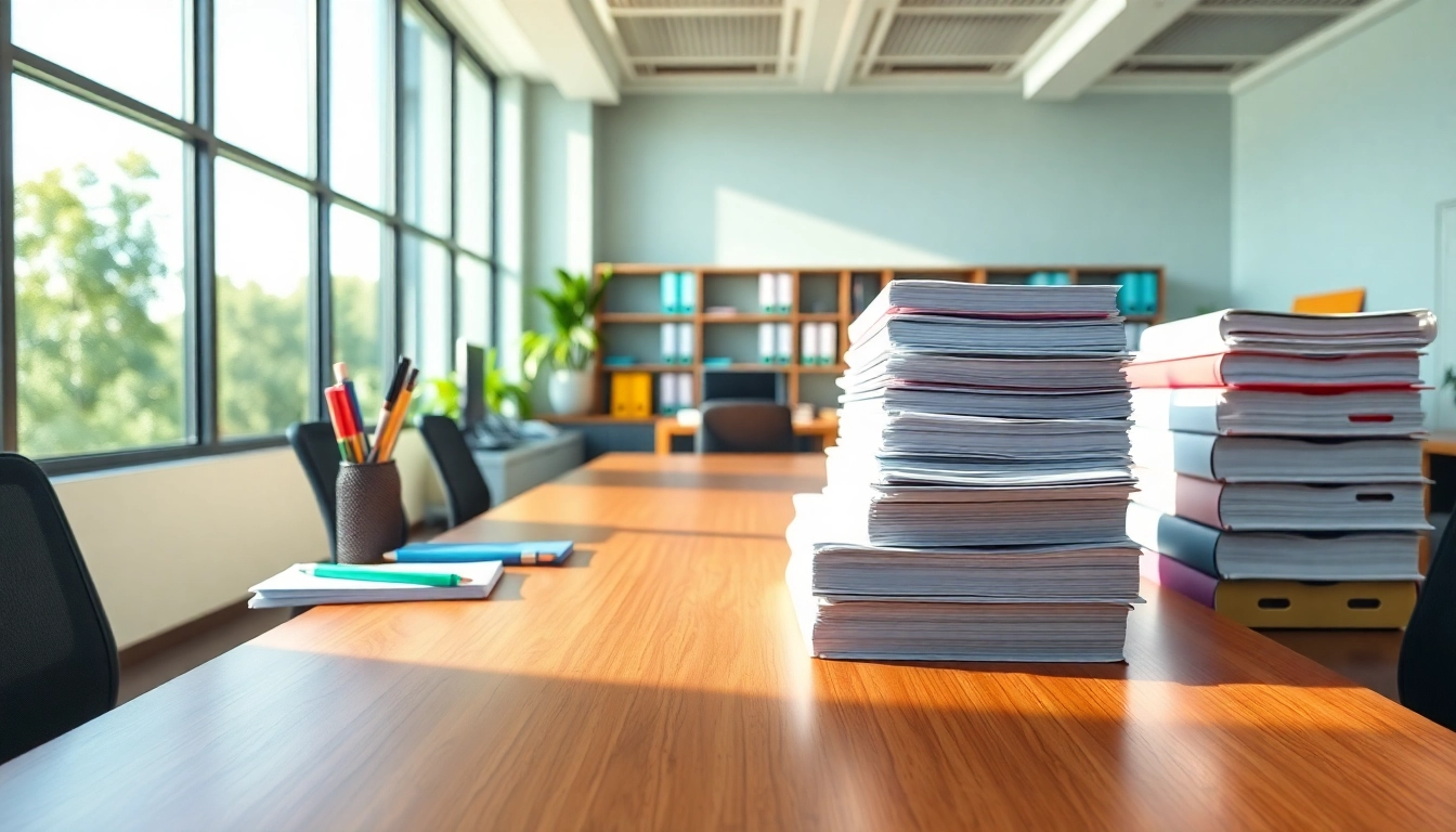 Explore discount office supplies like colorful binders and sleek pens in a vibrant office setting.
