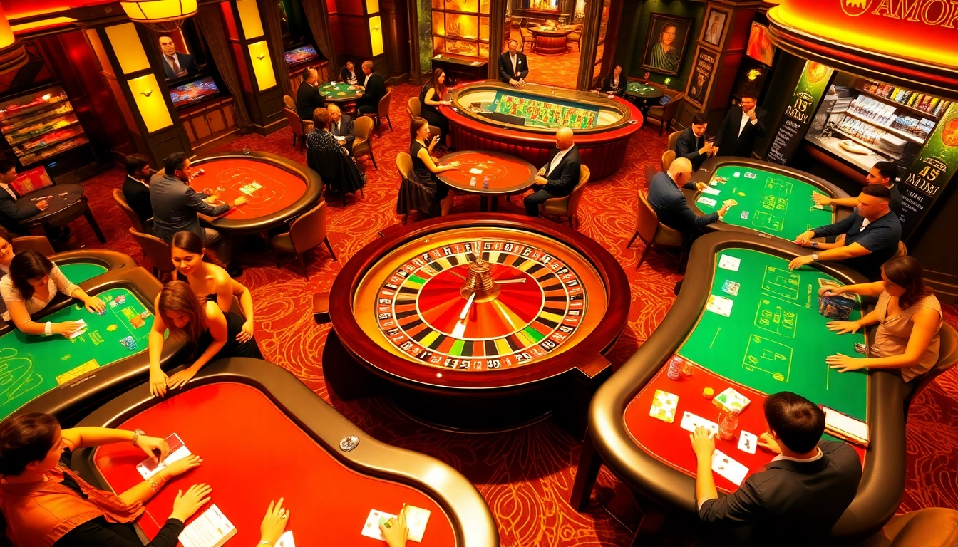 Amok Casino features vibrant gaming action with players at roulette and poker tables.