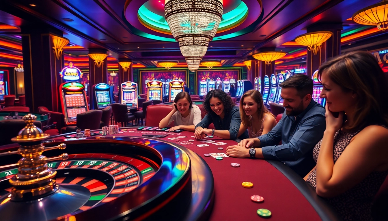 Experience the thrill of Overload Casino with players enjoying a vibrant poker game surrounded by colorful chips and sleek slot machines.