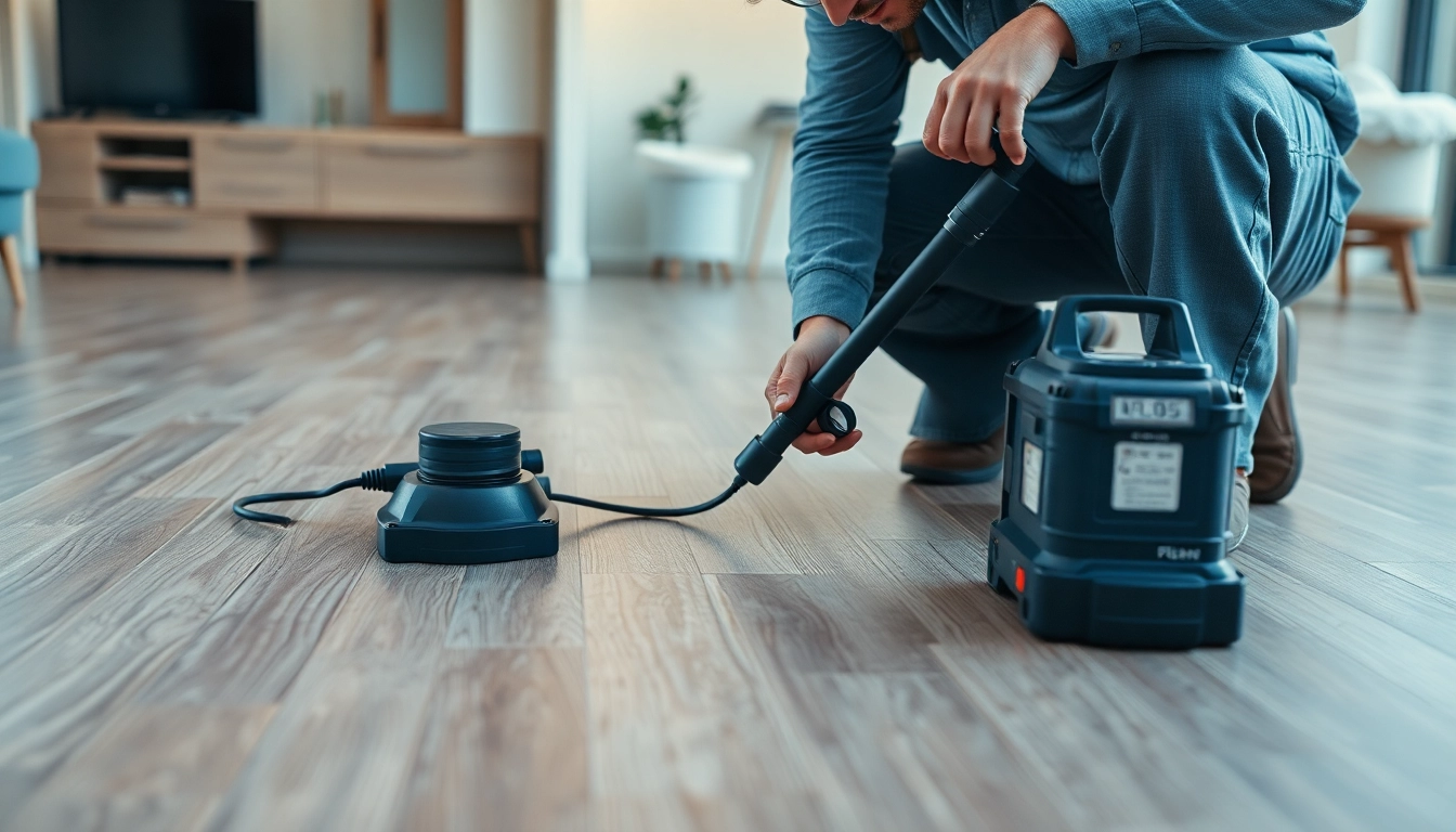 Professional technician performing Underfloor Leak Detection with advanced tools in a modern setting.