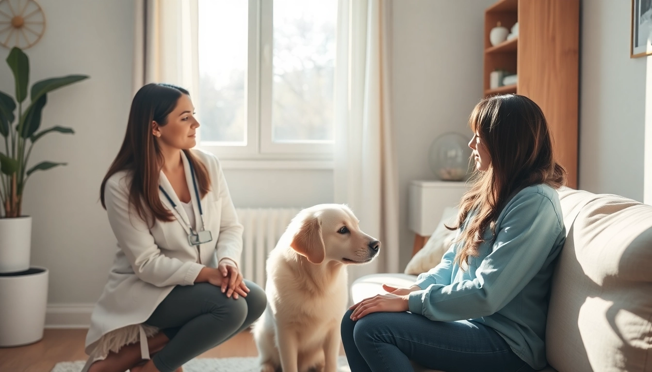 Sydney Psychologist engaging with a client alongside a therapy dog in a tranquil office setting.
