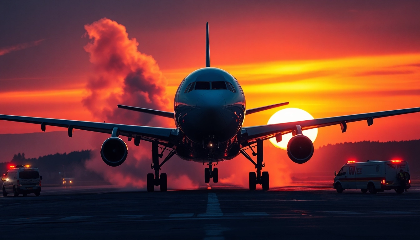Jetliner makes an emergency landing safely with emergency vehicles present.