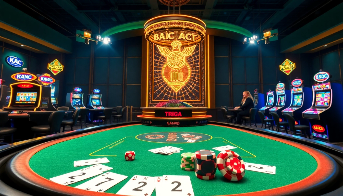 A vibrant casino scene at KJC AC 1 with tables, cards, and dice.