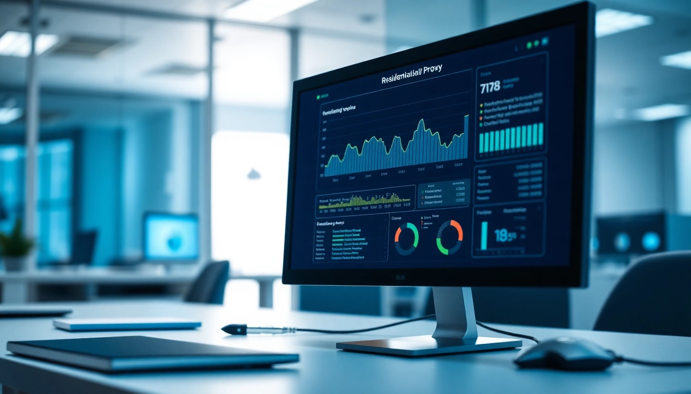 Showcasing a digital display of residential proxy metrics in a professional workspace, emphasizing technology and efficiency.