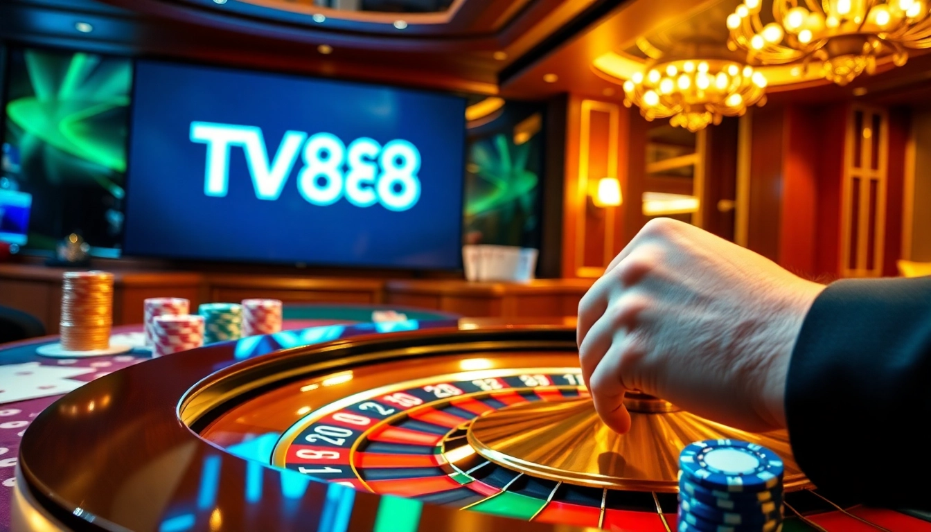Experience thrilling gambling at TV88 with roulette, poker cards, and vibrant chips.