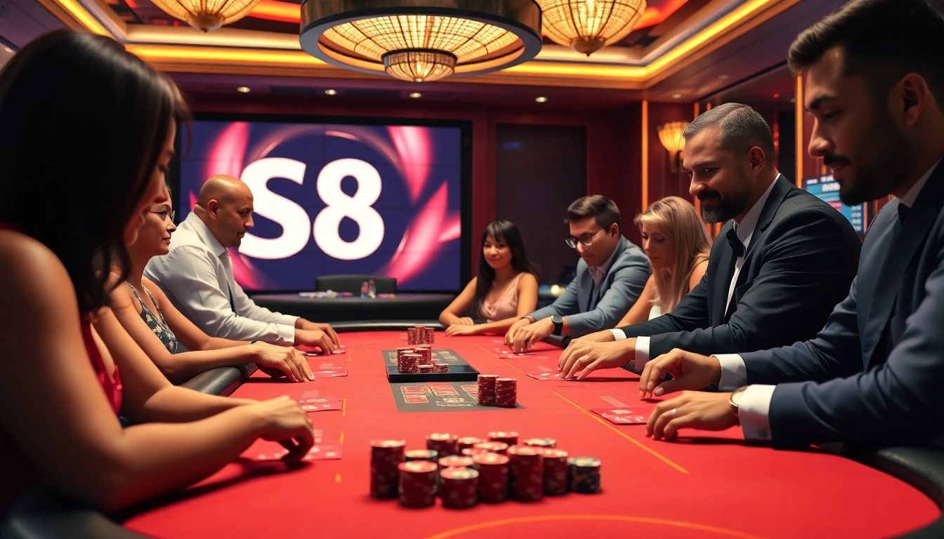 Players enjoying an exciting poker game at S8's professional casino table, showcasing vibrant chips and cards.