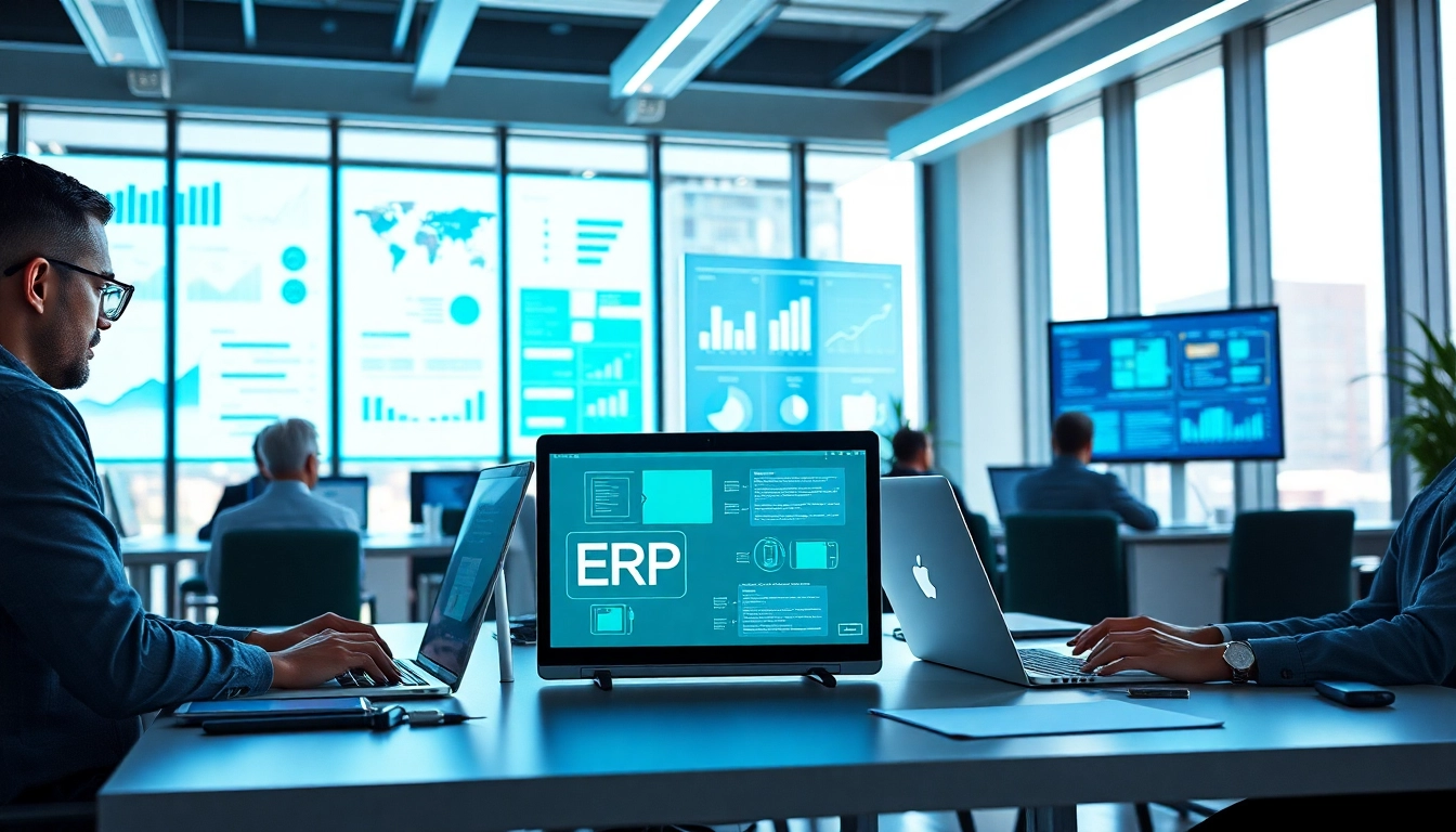 ERP çözümleri enhancing business efficiency through collaborative technology in a modern office.