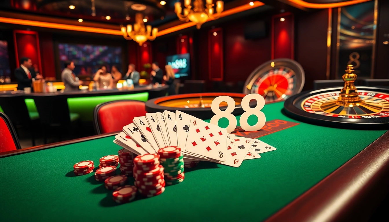 Engaging gamblers at a vibrant casino table showcasing vn88's online interface amidst excitement.