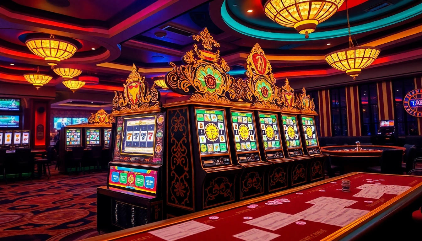 Play slots with raja barong themes and vibrant casino decor, showcasing excitement and luck.