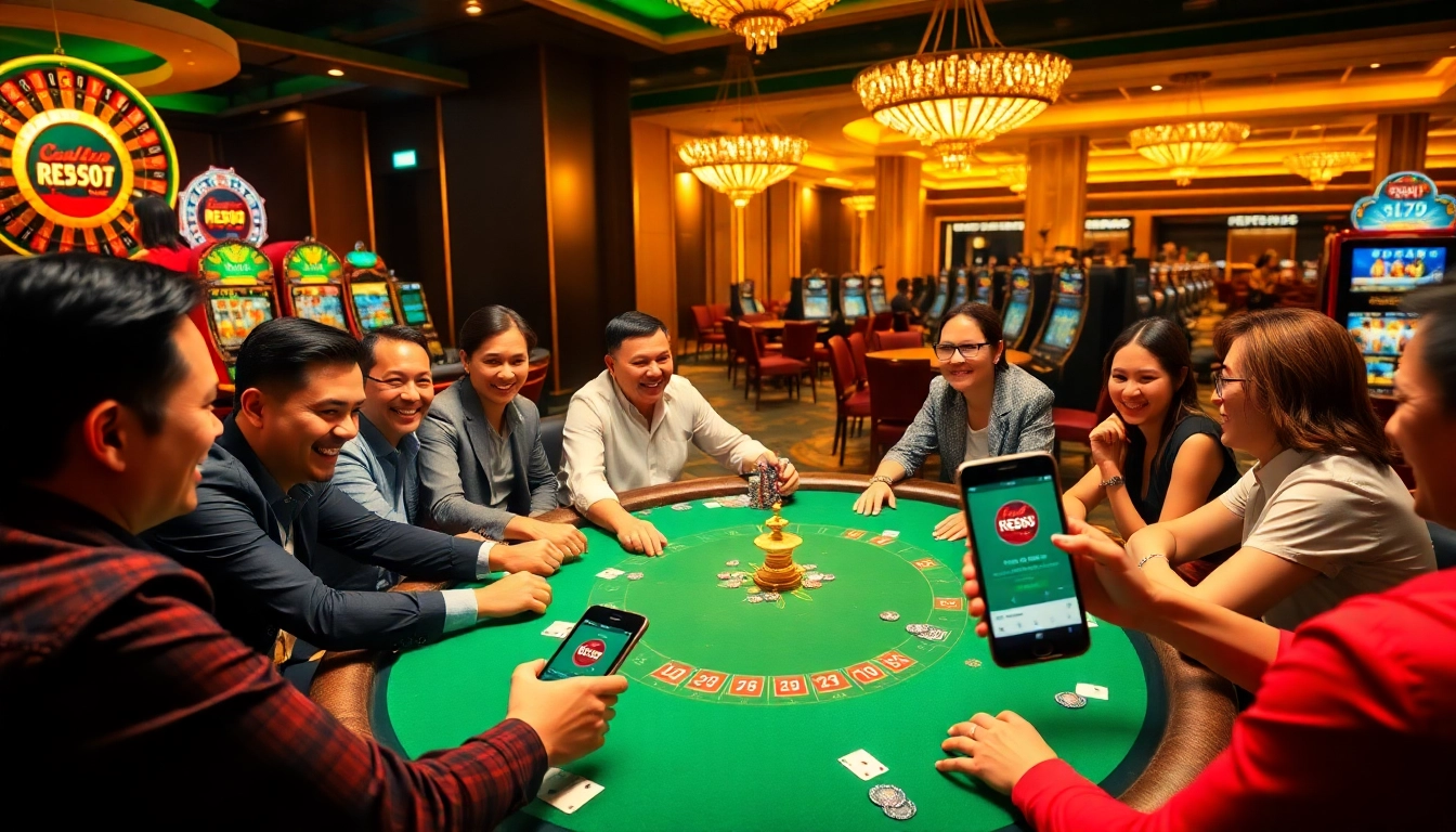 Players enjoying a thrilling poker game at the red88 club, surrounded by casino excitement and vibrant decor.