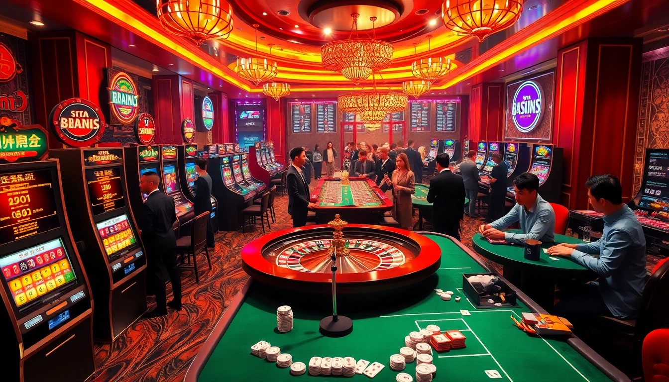 Engage with the vibrant 슬롯커뮤니티 atmosphere at a luxurious casino showcasing slot machines and roulette.