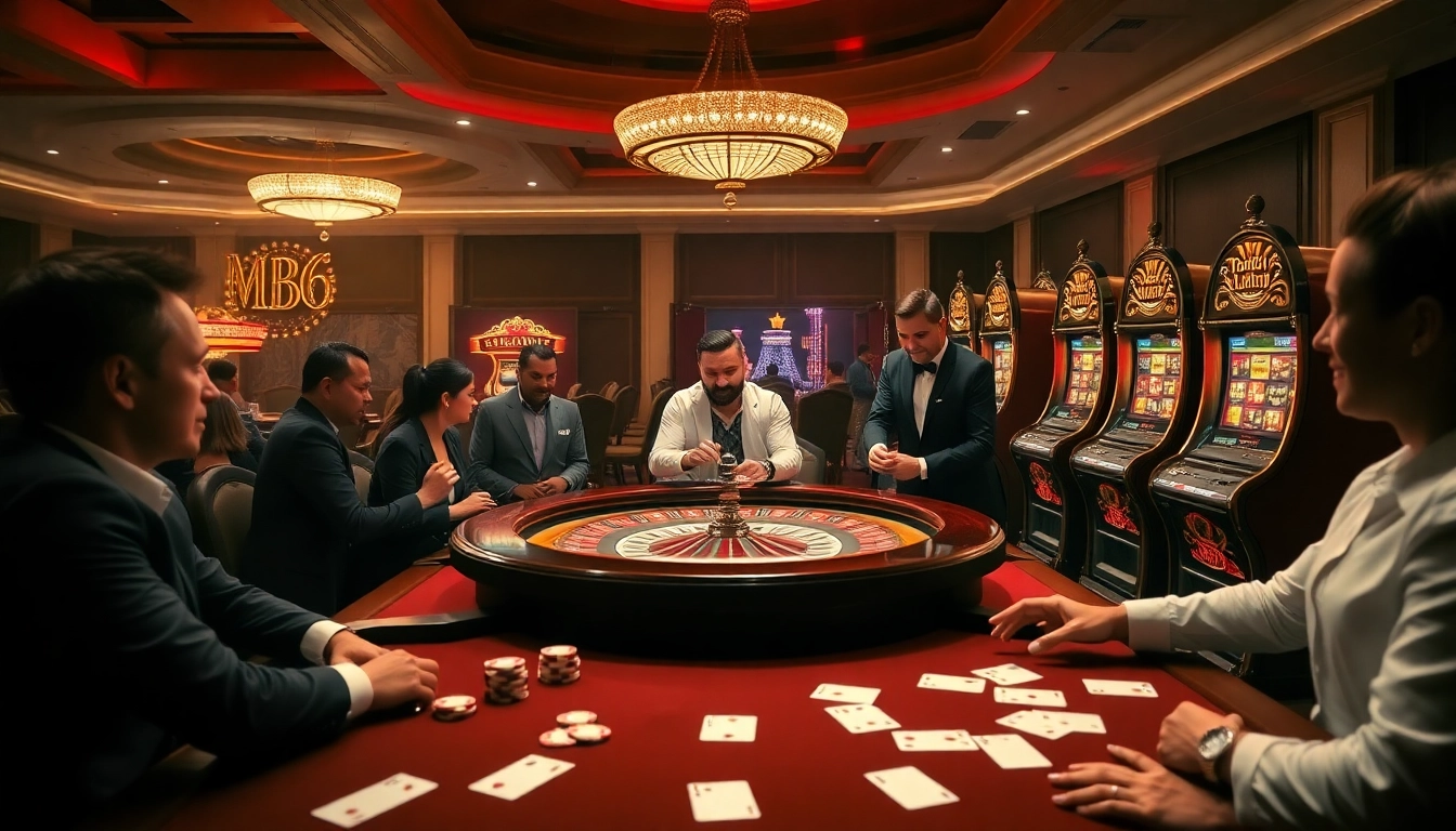 Engage in high-stakes gambling at https://mb66-t.com/ featuring a luxurious casino environment with poker chips and cards.