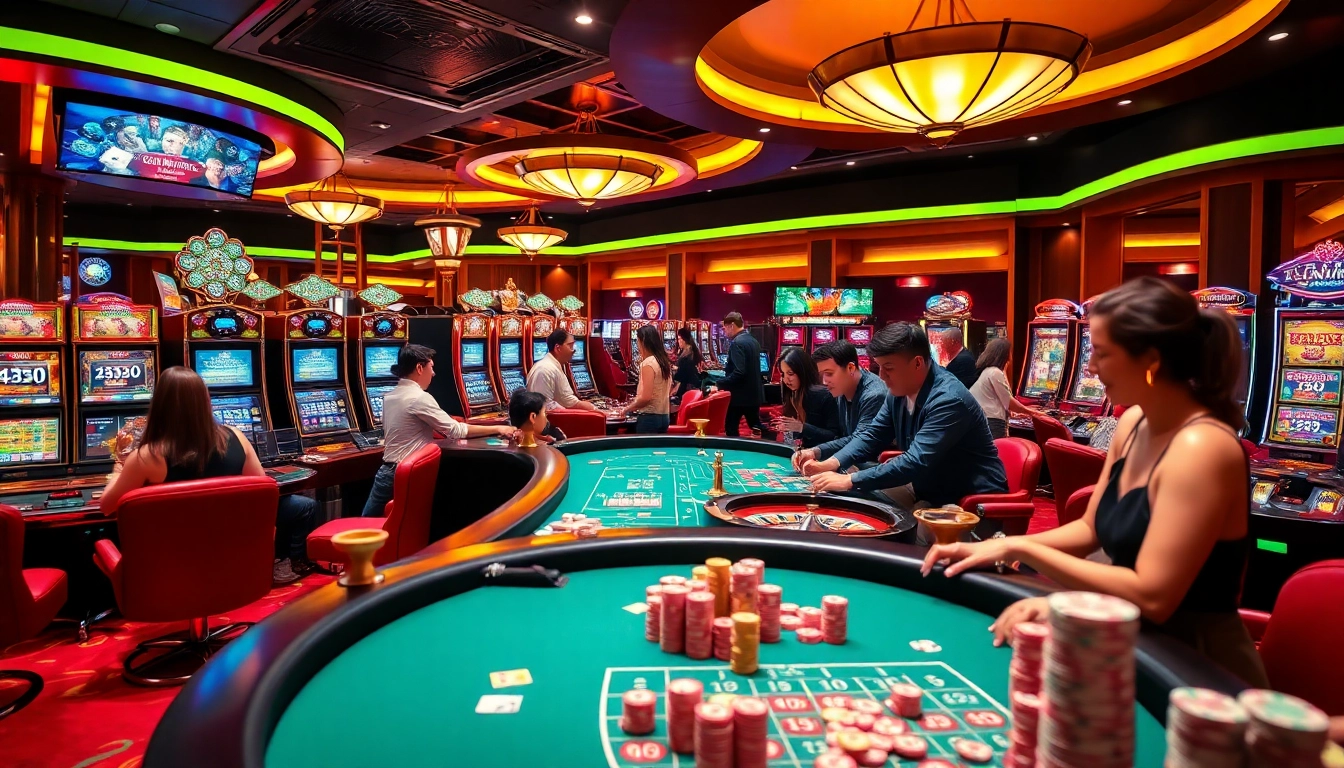 This vibrant casino scene at https://vnew88.vip/ showcases excited players enjoying games on dealer tables and slot machines.