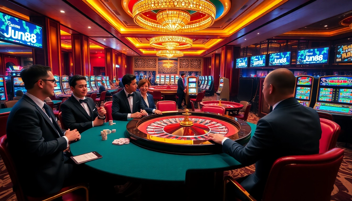 Players enjoying high-stakes poker at Jun88's luxurious casino.