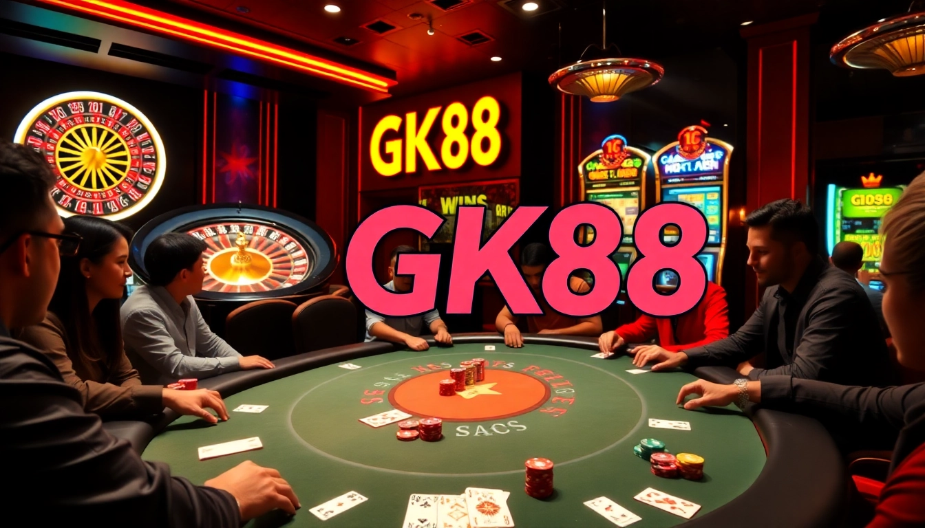 Players strategizing at a poker table with GK88 branding, surrounded by a luxurious casino atmosphere.