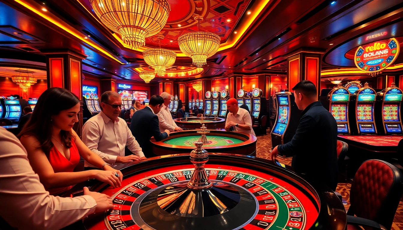 Players enjoying exciting games at Hello88 casino with vibrant tables and slot machines.