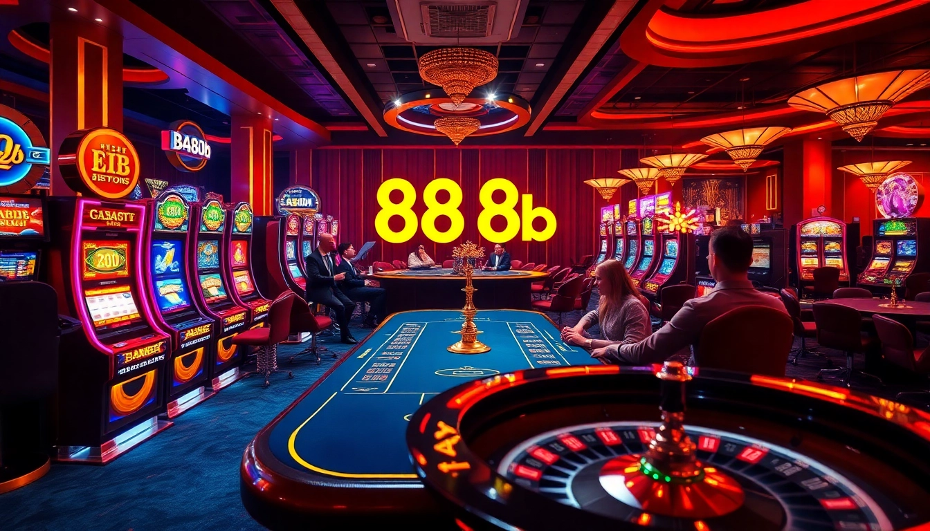 Players enjoy high-stakes poker at a luxurious casino featuring 888b-themed elements.