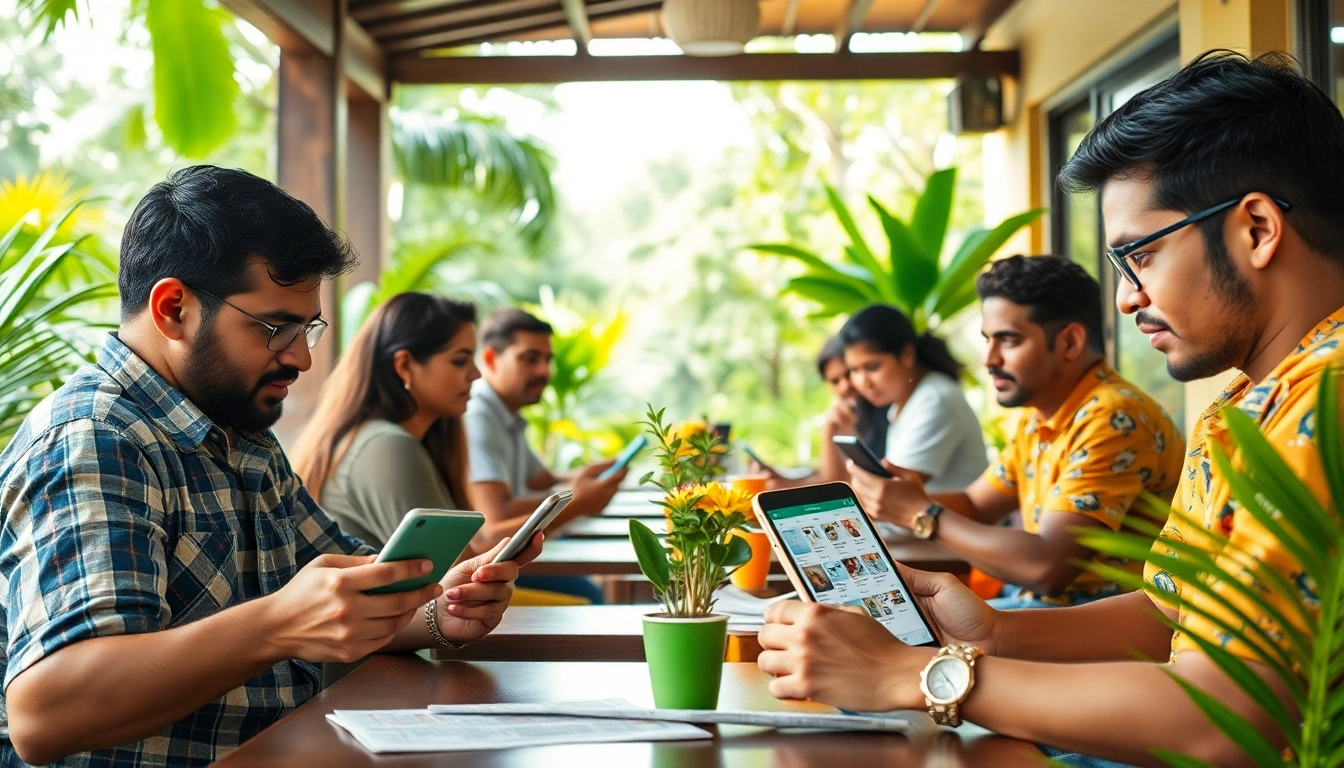 Lanka Ads users engaging with classifieds in a vibrant outdoor setting, showcasing community and connection.