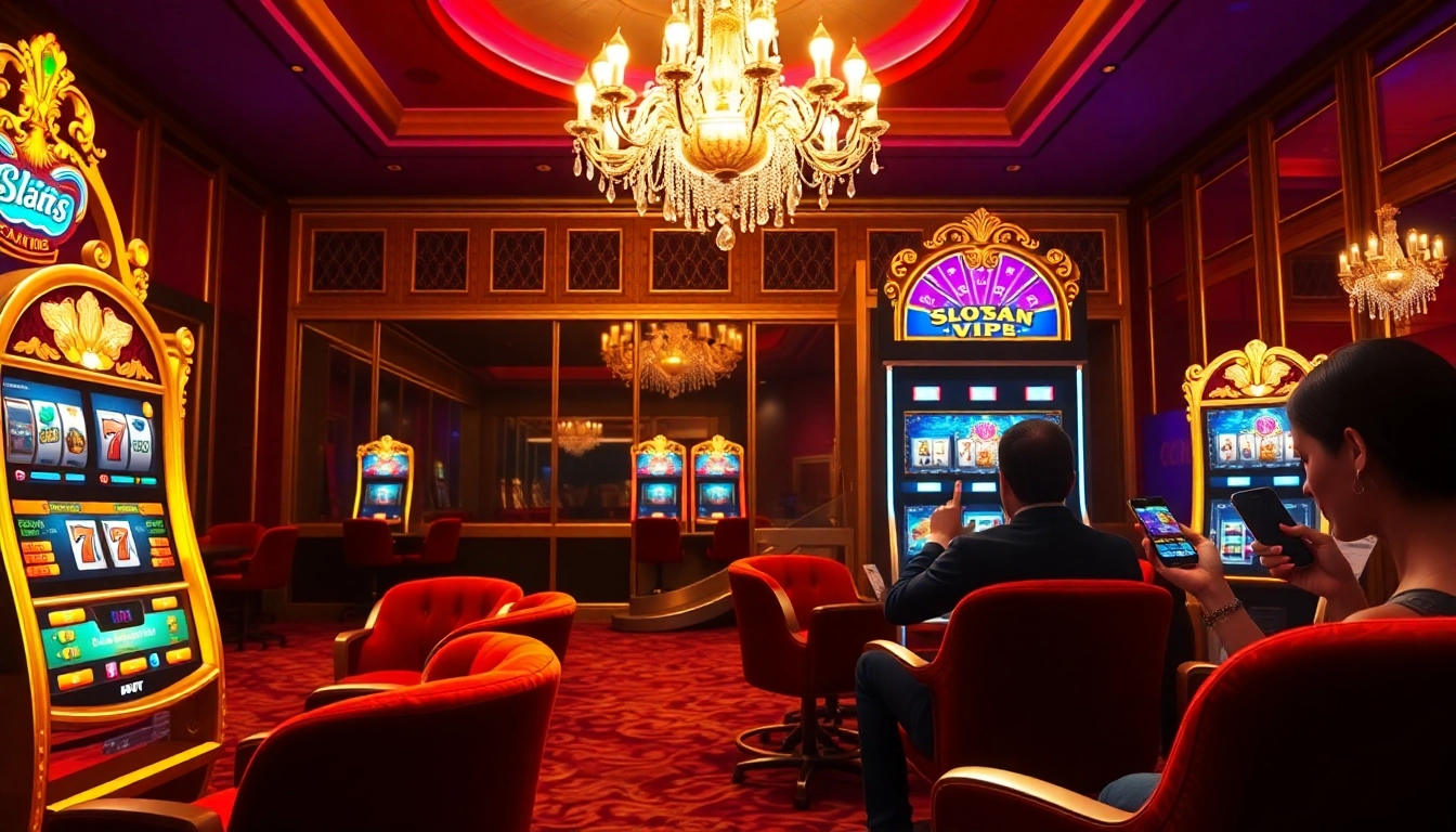 Engaging players enjoy luxurious gaming at Slots8 Vip with vibrant slot machines and casino ambiance.