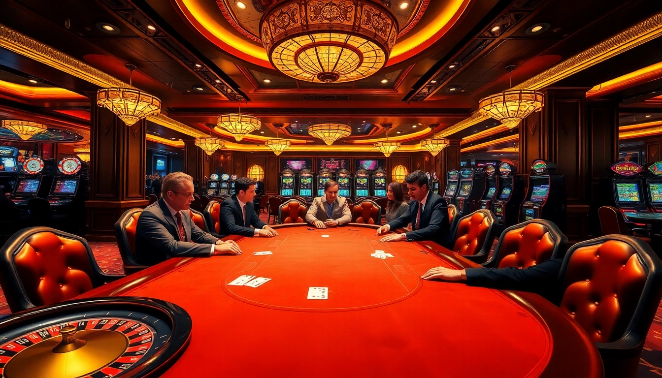Exciting scene at nhà cái usbet showcasing a luxury casino ambiance with poker players and vibrant games.