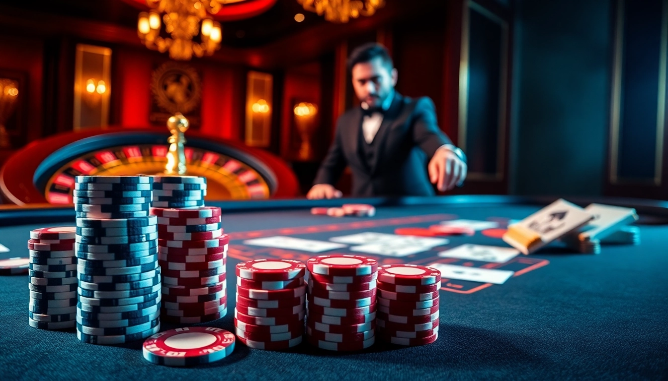 Okwin players competing at an upscale poker table in a vibrant casino atmosphere.