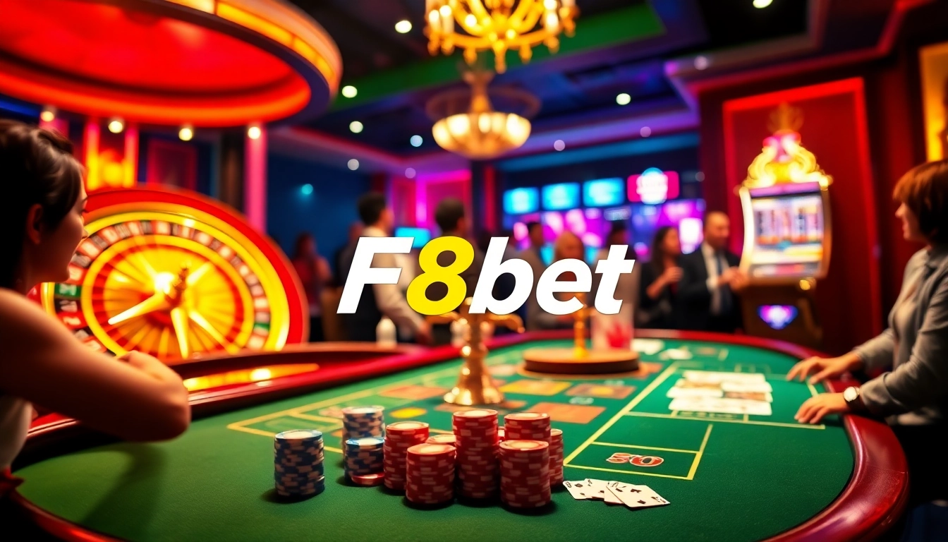 F8bet players enjoying a lively casino atmosphere with poker chips and a spinning roulette wheel.