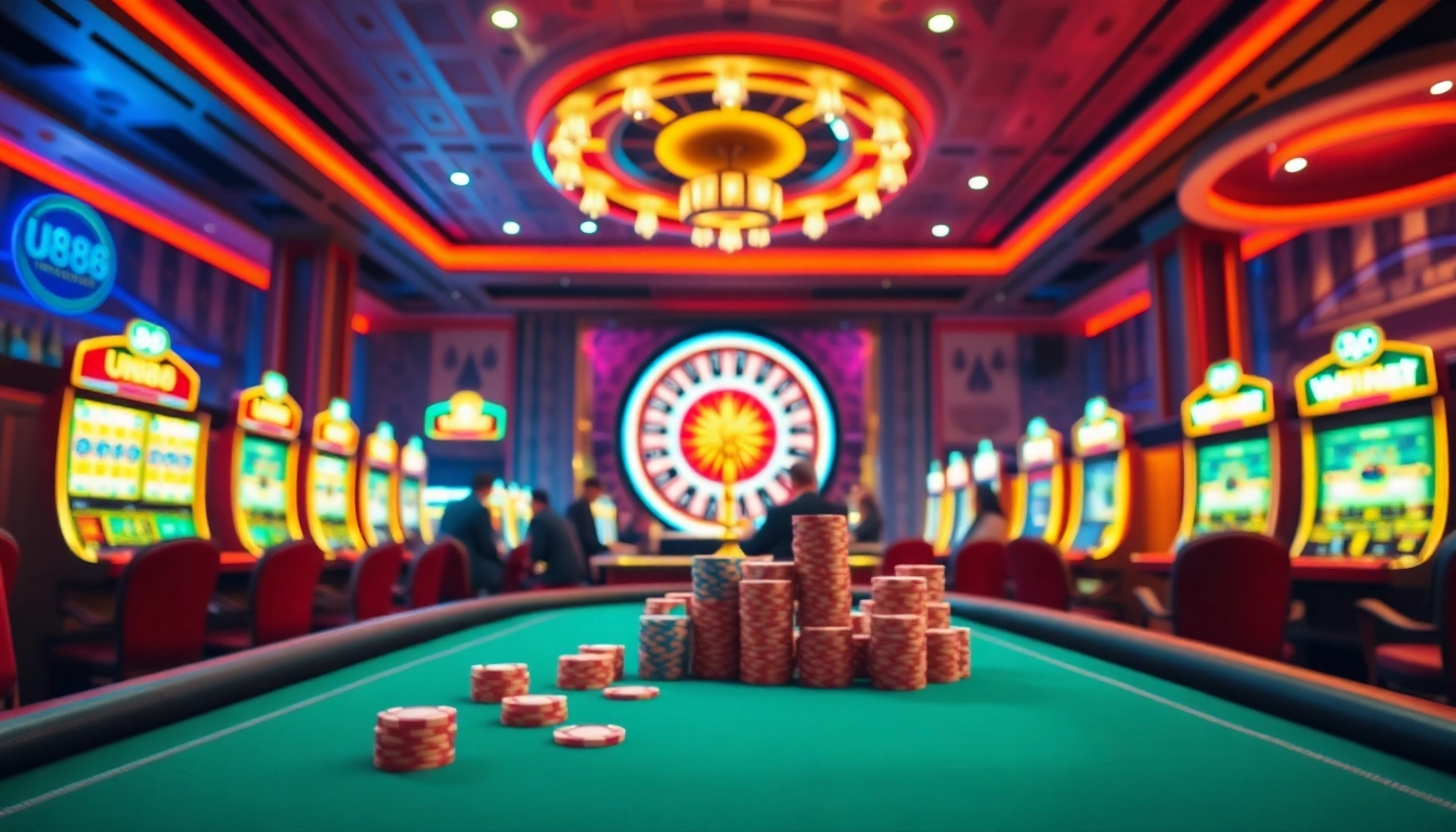 Players enjoying a thrilling poker game at U888 casino with vibrant chip stacks and roulette wheel.