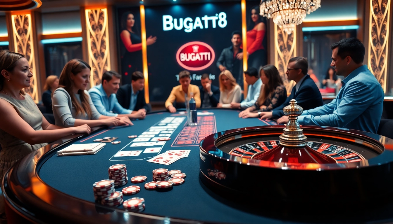 A thrilling Bugatti8 casino scene with vibrant gaming tables full of chips and cards, showcasing luxury.