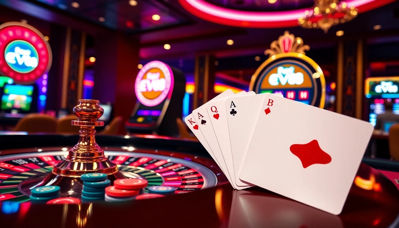 Experience exhilarating gaming action at EV88's online casino, featuring roulette, cards, and vibrant slot machines.